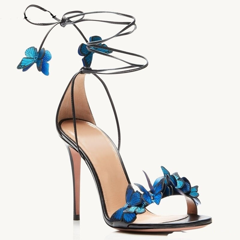 woloong Green Yellow Butterfly Sandals Back Lace Up Blue Red Thin High Heel Sandals New Summer Shoes For Women Stilettos Sandals
