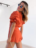 Stand Collar Tie Up  Orange Women Shorts Set Summer Belt Rose Red Casual Fashion Suits Two Pieces Outfit