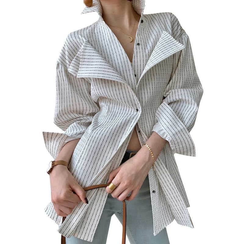 woloong  Korean Patchwork Ruffle Shirt For Women Lapel Long Sleeve Striped Casual Fake Two Shirts Female Fashion New Clothes