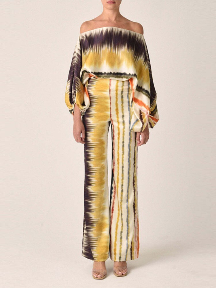 Satin Printing Off Shoulder Commuting Suits Fashion Tops Long Pants 2 Piece Sets  Women Spring Summer Loose Casual Outfits