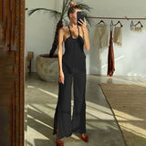 Home Wear Sexy Halter Backless Tank Top Set Woman 2 Piece Bodycon Beige Pleated Pants Set Elegant Skinny Slit Trouser Suits