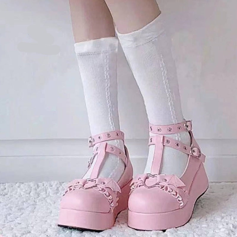 woloong New Chunky Platform Lolita Shoes Woman Flats Sweet Heart Buckle Mary Janes Shoes Pink T-Strap Punk Gothic Cosplay Shoes 35-43