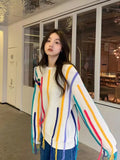 Rainbow Striped Sweater Women Pullovers Fall Winter New O Neck Long Sleeve Knit Tops Korean Chic Warm Tassel Jumpers
