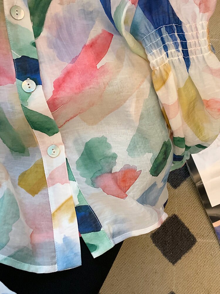 Women Shirts Vintage Chic Print Button Shirt Long Sleeve Turn-down Collar French Blouses  New Spring Tops Streetwear