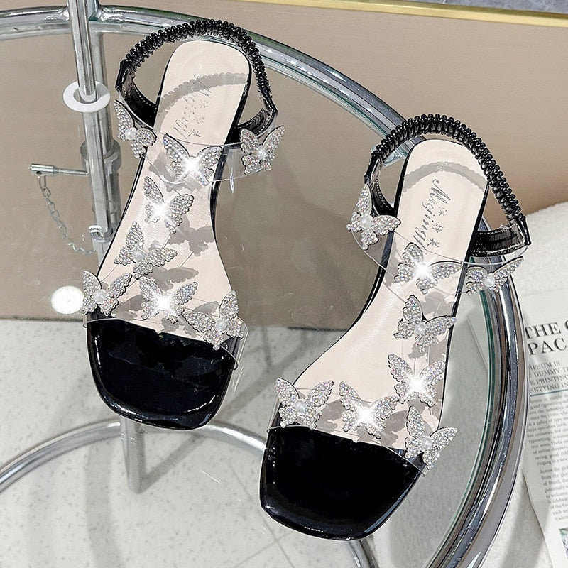 Sandals Women's Rhinestone Summer New Fashion Women's Shiny Butterfly Transparent High Heels Open Toe Sandalias Women's Shoes