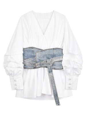 Women White Denim Split Temperament Blouse New Lapel Long Lantern Sleeve Loose Fit Shirt Fashion Spring Autumn 1Z942