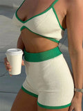 Summer Contrast Knit Outfits Halter Top And Short Trousers Sets Female Beach Holiday Sexy Casual Tracksuit Y2k Women Sets