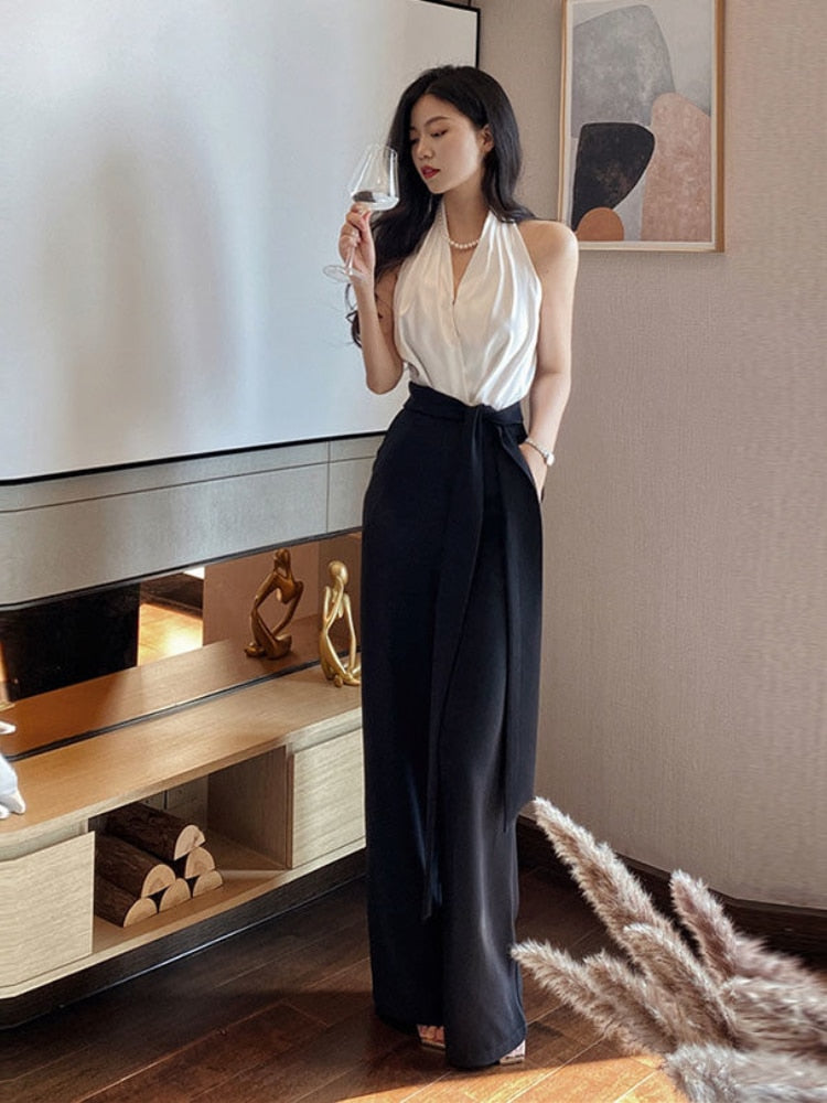 French Elegant Jumpsuits Women Casual Sleeveless Black and White Crop Tops + Loose Pants Office Lady Korean Clothing Summer