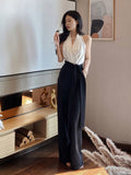 French Elegant Jumpsuits Women Casual Sleeveless Black and White Crop Tops + Loose Pants Office Lady Korean Clothing Summer