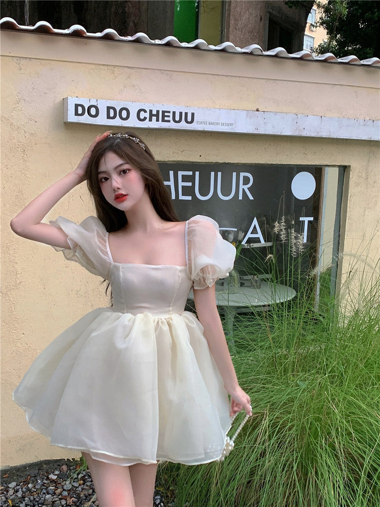 woloong Fairy Dress Pink Dress New Summer Organza Fairy Dress Female Sweet Puff Sleeves Mesh Square Collar Princess Dress Women's Clothing