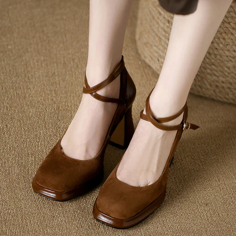 Spring and Autumn Fashion New Buckle Comfortable Solid Color Square Toe Sexy Banquet Women's High Heels Zapatos