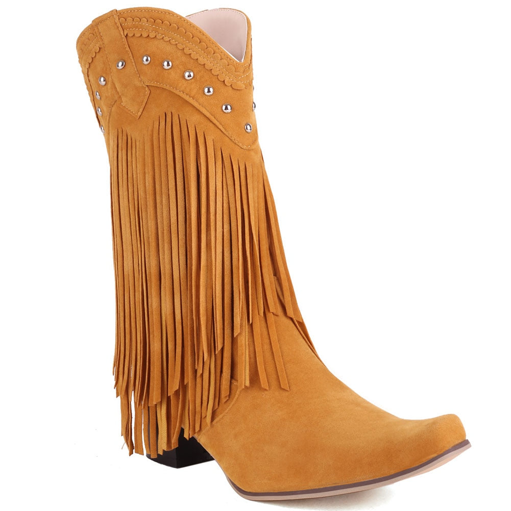 woloong  New Arrival Cowboy Western Long knee-high Boots Women Stacked Heeled Fringe Retro Casual Ridding Boots Autumn Shoes