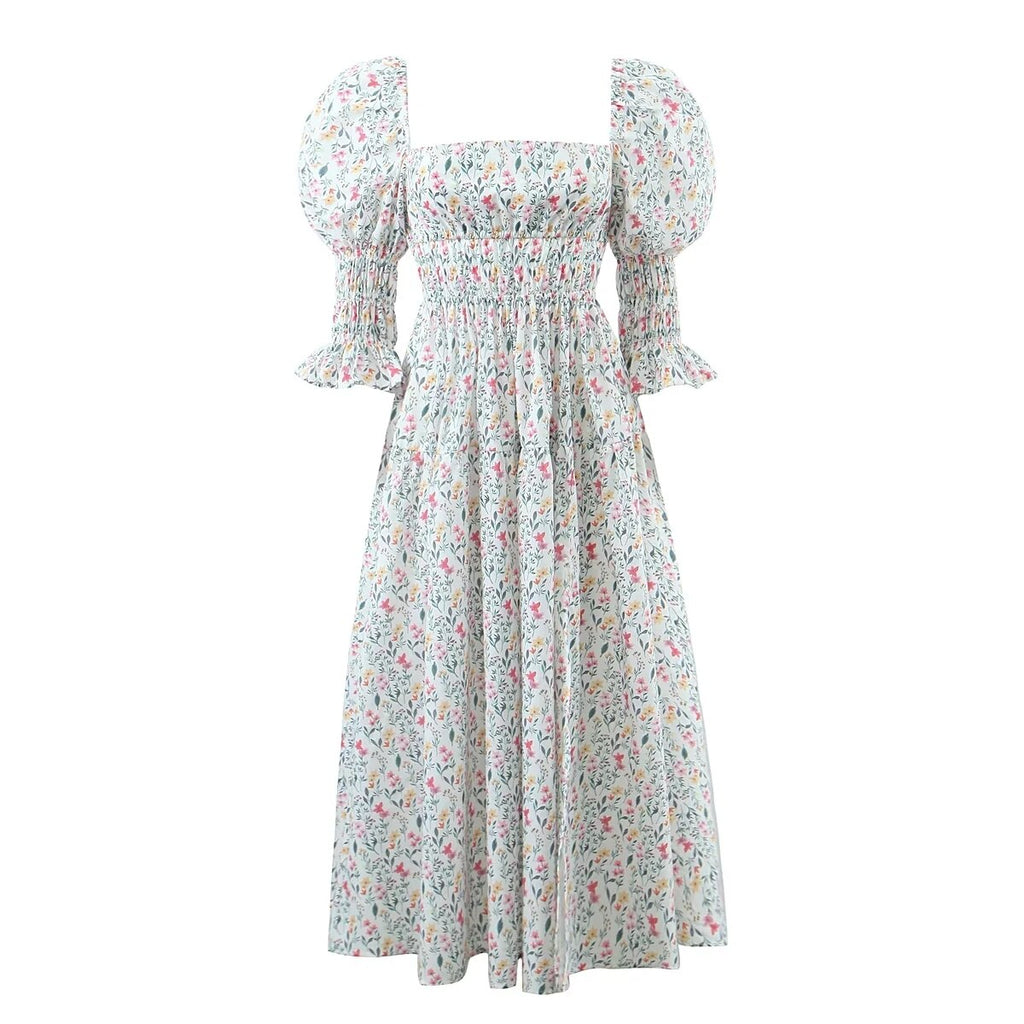 Sexy Square Collar Slit Printed Backless Dress Hollow Out Puff Sleeve Beach Dress for Women New Floral Robe Holiday