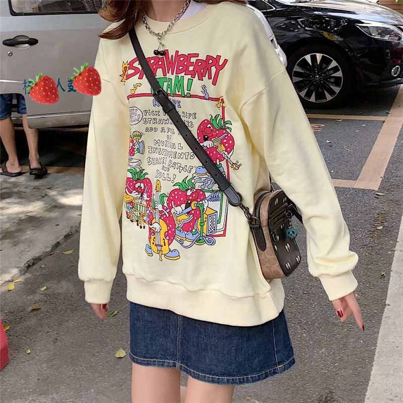 woloong Kawaii Rose Red Cartoon Letter Print Sweatshirt Vintage Streetwear Fashion Tops New O-neck Casual Teens Clothes Goth Punk