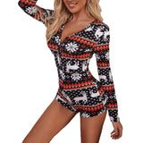 goosudu  Women Christmas Printed Pattern Pajama Button V-neck Long Sleeve Bodycon Playsuit Casual Homewear Red/ Wine Red/ Navy/ Black