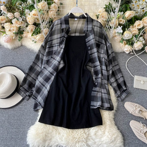 New Summer Autumn Casual Two Piece Set Long Sleeve Plaid Grey Overcoats Spaghetti Strap Slim Black Solid Dress