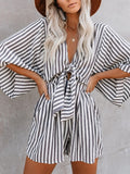 Leopard Print Bowknot Wide Leg Romper Overalls Casual Loose Summer V Neck Playsuits Short Jumpsuits Pockets