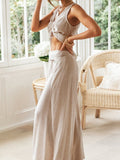Fashion 2 Pcs Outfits Pants Sleeveless Summer Crop Top Pants Suit Lady Solid Wide Leg Shirring Casual Beach Set