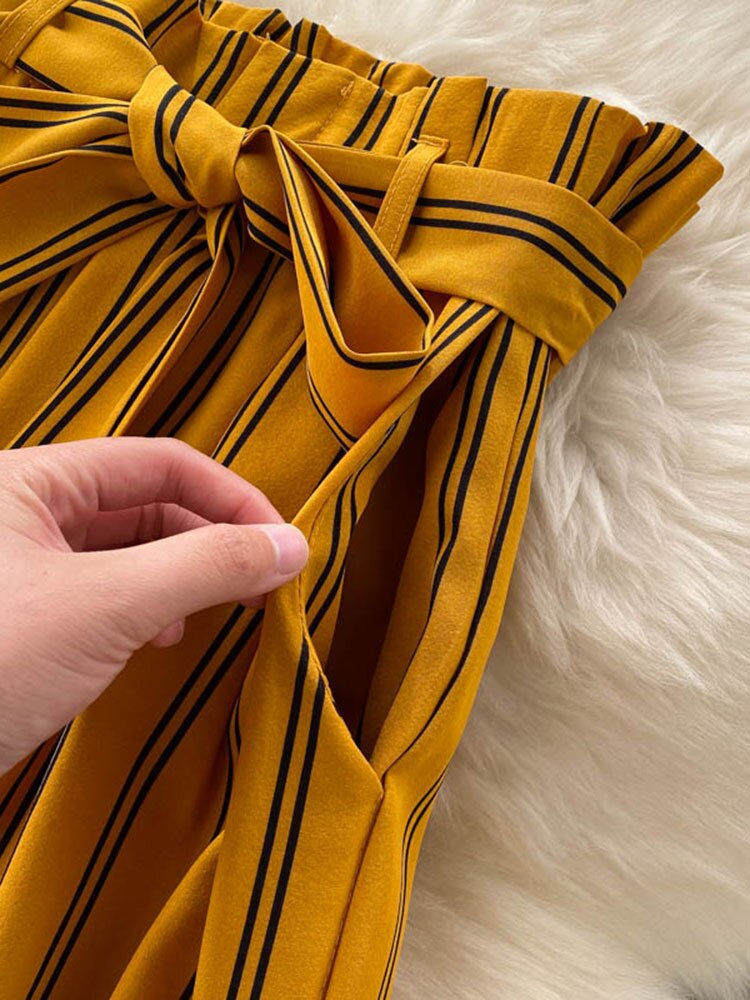 goosudu Summer New Fashion All-match Women's Casual Pants Retro Striped Color Slim Long Slit Wide Leg Pants DK1053