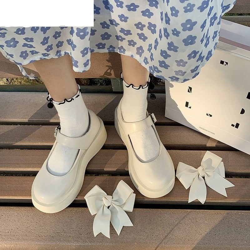 woloong  New Spring and Summer Women Mary Jane Shoes Sponge Cake Bottom Japanese Bowtie Student All-match Sweet Design Pumps