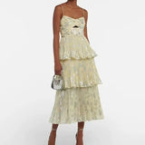 Spring / Autumn New Women Clothing Sexy Charming Yellow Chiffon Bronzing Pleated Cake Long Suspender Dress for Party