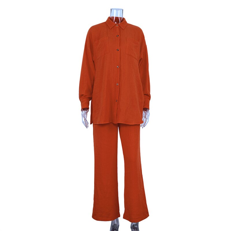 Casual Loose Home Suit Two Piece Pants Set Women Fashion Long Sleeve Blouses Matching Wide Trousers Suit Lace-Up Pant Sets
