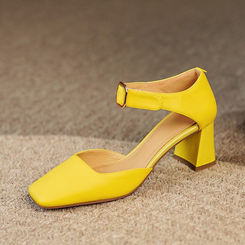Summer New Women Shoes Square Toe High Heels Cover Heel Shoes Women Genuine Leather Women Sandals Concise Retro Mary Janes