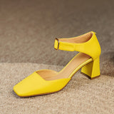 Summer New Women Shoes Square Toe High Heels Cover Heel Shoes Women Genuine Leather Women Sandals Concise Retro Mary Janes