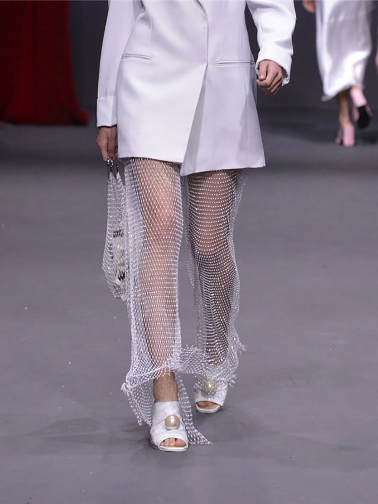 woloong  New Crystal Diamond Shiny Women Pants Summer Sexy Hollow Out Elastic Fishnet Trousers Fashion See Through Beachwear