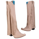 woloong  New Arrival Cowboy Western Long knee-high Boots Women Stacked Heeled Fringe Retro Casual Ridding Boots Autumn Shoes