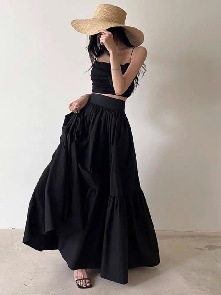 Sexy Two Piece Set Skirt Women French Style V-neck Slim Fit Short Camisole Tank Top High Waist Large Swing Ruched Skirt Suit