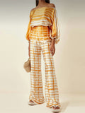 Satin Printing Off Shoulder Commuting Suits Fashion Tops Long Pants 2 Piece Sets  Women Spring Summer Loose Casual Outfits