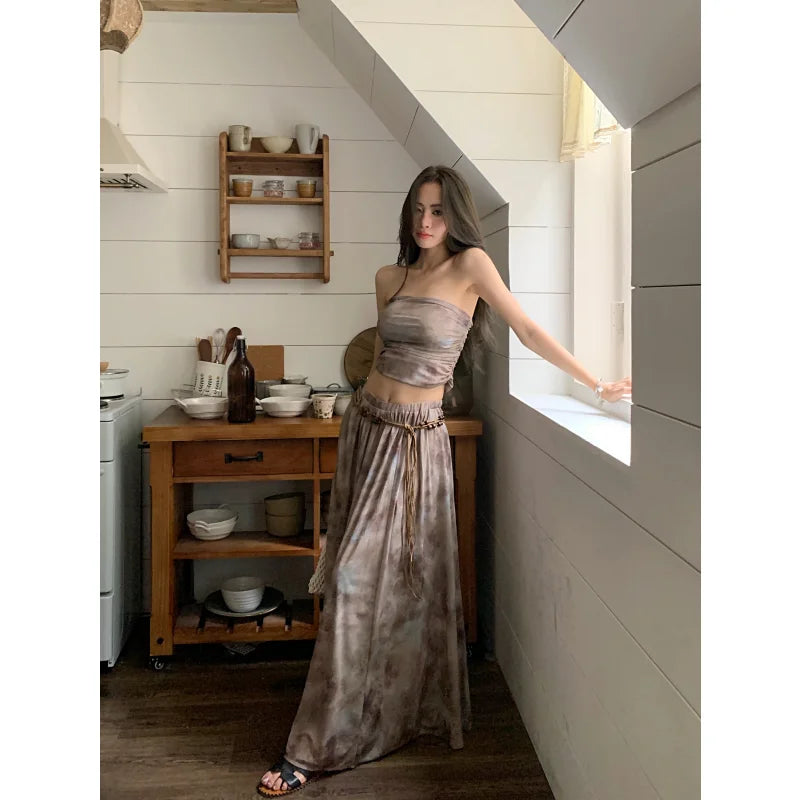 Summer Apricot Vest Skirt Womens Tie-dyed Two Piece Set Fashion Y2K Belt NEW Female Temperament Elegant Party Long Dress