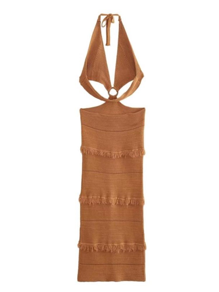 Elegant Hollow Tight-Fitting Knitting Dress Chic Neck-Hanging Tube Top Dress Summer New Holiday Youth Street