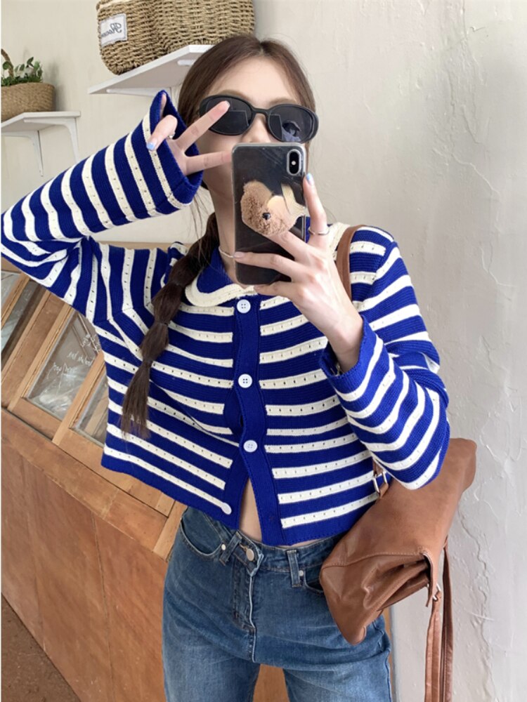 Striped Knitted Cardigan Women Hollow Out Turn Down Collar Long Sleeve Cropped Sweater Loose Outwear Autumn New Tops