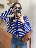 Striped Knitted Cardigan Women Hollow Out Turn Down Collar Long Sleeve Cropped Sweater Loose Outwear Autumn New Tops