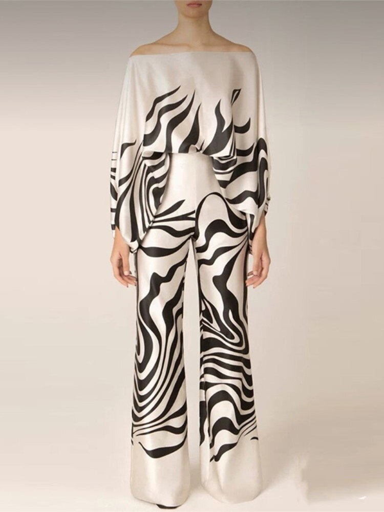 Satin Printing Off Shoulder Commuting Suits Fashion Tops Long Pants 2 Piece Sets  Women Spring Summer Loose Casual Outfits