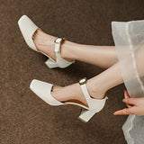 Summer New Women Shoes Square Toe High Heels Cover Heel Shoes Women Genuine Leather Women Sandals Concise Retro Mary Janes