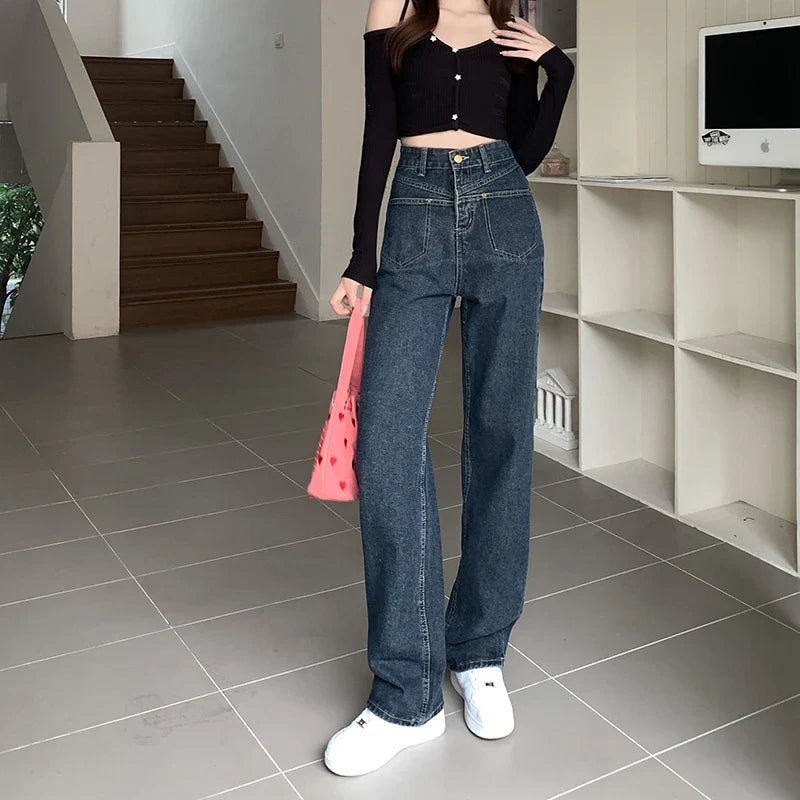 High Waist Wide Leg Jeans for Women Korean New High Street Loose Trousers Blue-gray Straight Denim Pants Women S-XL