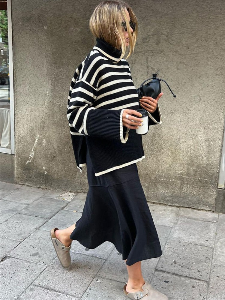 Winter Women’s Long Sleeves Knit Sweater Turtleneck Striped Print Loose Pullover Tops New Autumn Oversized Sweater