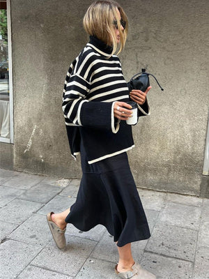 Winter Women’s Long Sleeves Knit Sweater Turtleneck Striped Print Loose Pullover Tops New Autumn Oversized Sweater