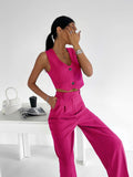 Summer Pajamas Set Women Outfits Cotton Linen Sexy Slim Buttons Crop Tank Tops Ladies 2 Piece Set Wide Leg Pants Suit