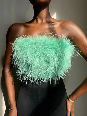 Fur Feather Strapless Tube Tops For Women Party Fashion Bustier Cute Top Y2k Club New Sexy Mini Fluffy Corset Top