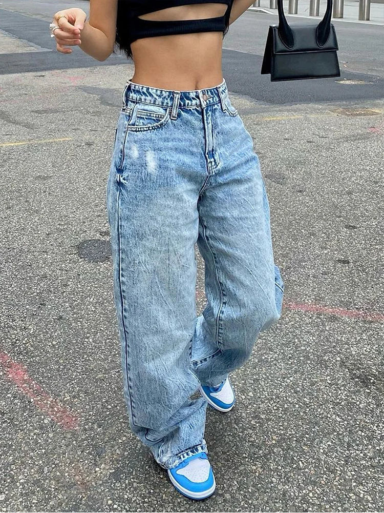 High Waist Jeans Women Baggy Jeans  New Fashion Straight Leg Pants Y2k Denim Trousers Vintage Loose Blue Washed Mom Jeans