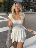White Dots Women Sleeveless Romper Tiered Wide Leg Summer Playsuit Elastic Smocking Square Collar Overall