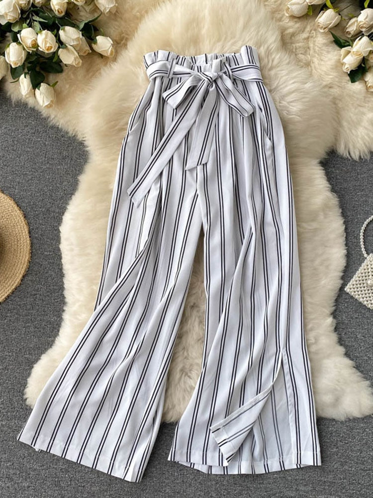 goosudu Summer New Fashion All-match Women's Casual Pants Retro Striped Color Slim Long Slit Wide Leg Pants DK1053