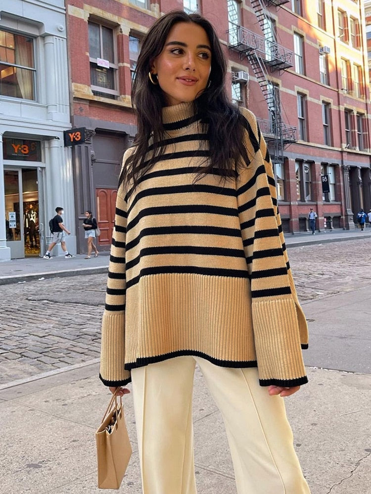 Winter Women’s Long Sleeves Knit Sweater Turtleneck Striped Print Loose Pullover Tops New Autumn Oversized Sweater