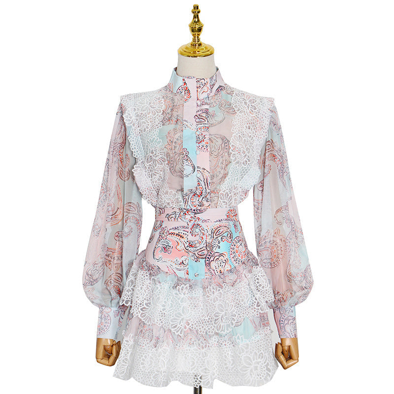 woloong  Sweet Patchwork Lace Set For Women Stand Collar Long Sleeve Shirt High Waist Skirt Print Sets Female Fashion New