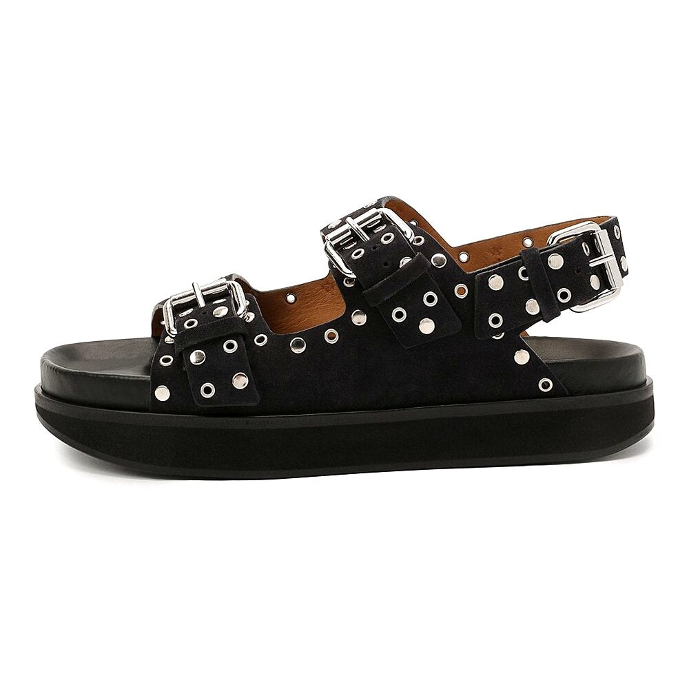 Women's Casual Metal Buckle Platform Sandals  Lolita Shoes Thick-Soled Rivet New Cowhide Open-Toe Beach Vacation Flat Slippers