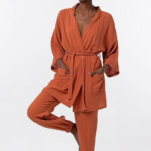 Women Double Layer Wrinkled Cotton Home Suit Sexy Casual Lace Up Shirt Sling Pencil Pants 3 Piece Set Autumn Beach Outfits